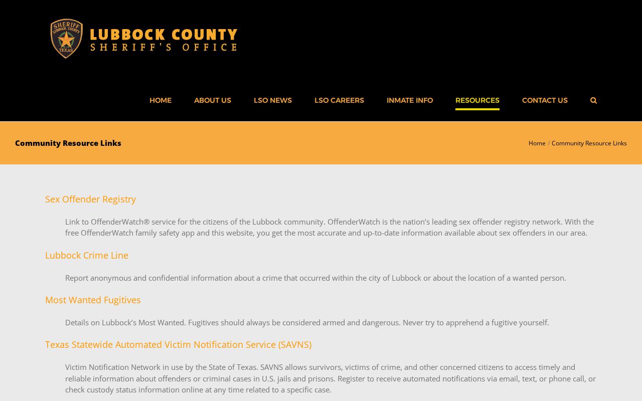 Lubbock County warrant and most wanted program links on the Sheriff's official links page