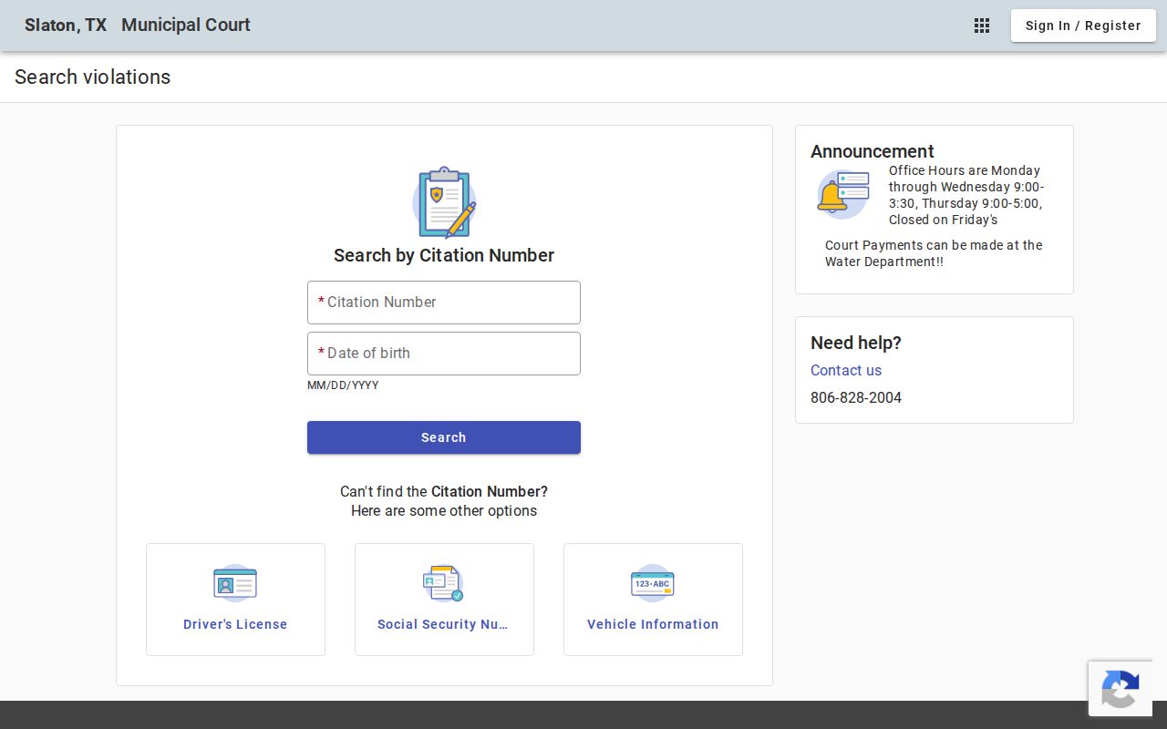 Slaton warrant and citation search entry point on the official municipal court portal