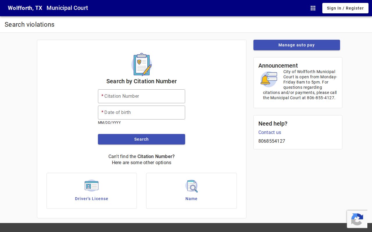 Wolfforth warrant citation portal search fields for names, vehicles, and citation numbers