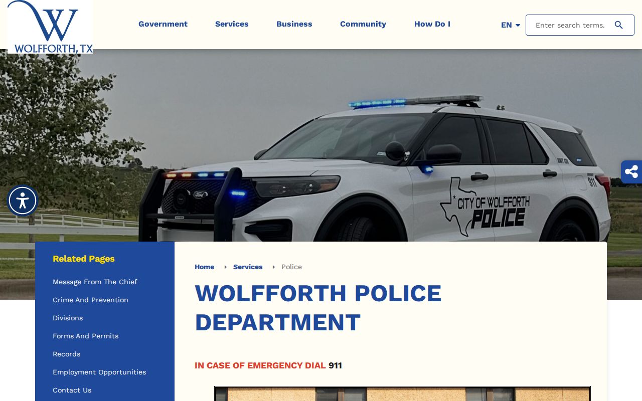 Wolfforth warrant agency contact details on the Police Department page