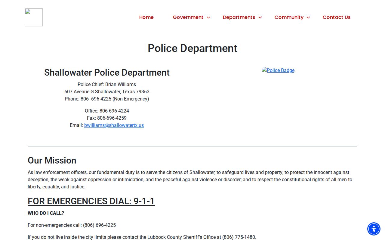 Shallowater warrant and local police contact details on the Police Department page